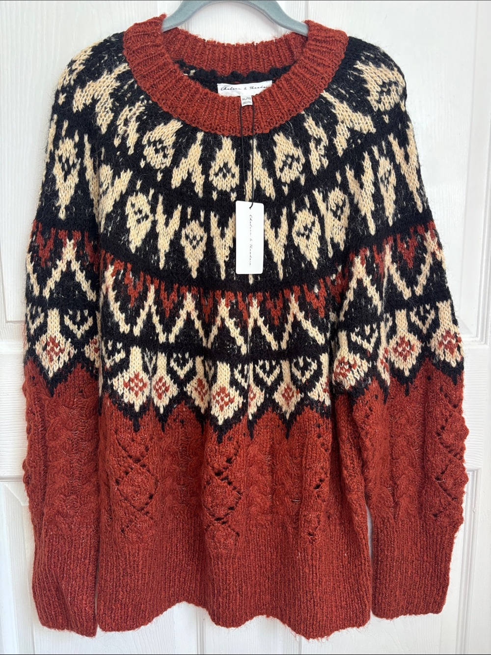 NEW Chelsea & Theodore Rust Black Cream Fair Isle Crewneck Sweater sz XL skiing